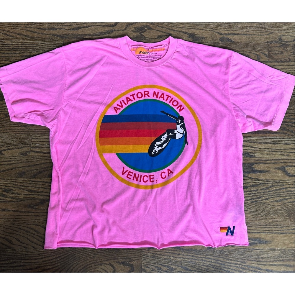 Aviator Nation Venice, Ca Crop Tee Womens L Pink Retro Surfer Graphic Crop